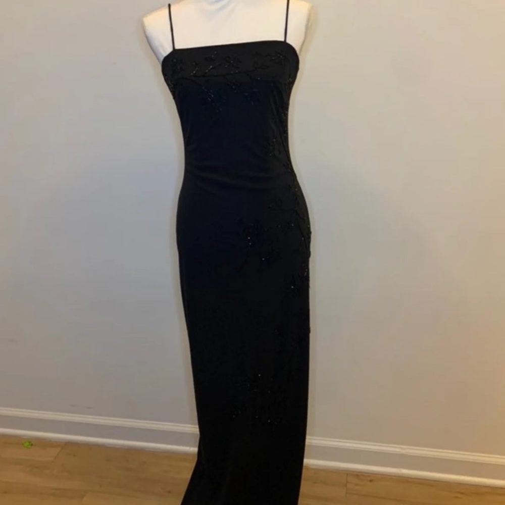Vintage De Laru Black Beaded Evening Gown w/ Slit